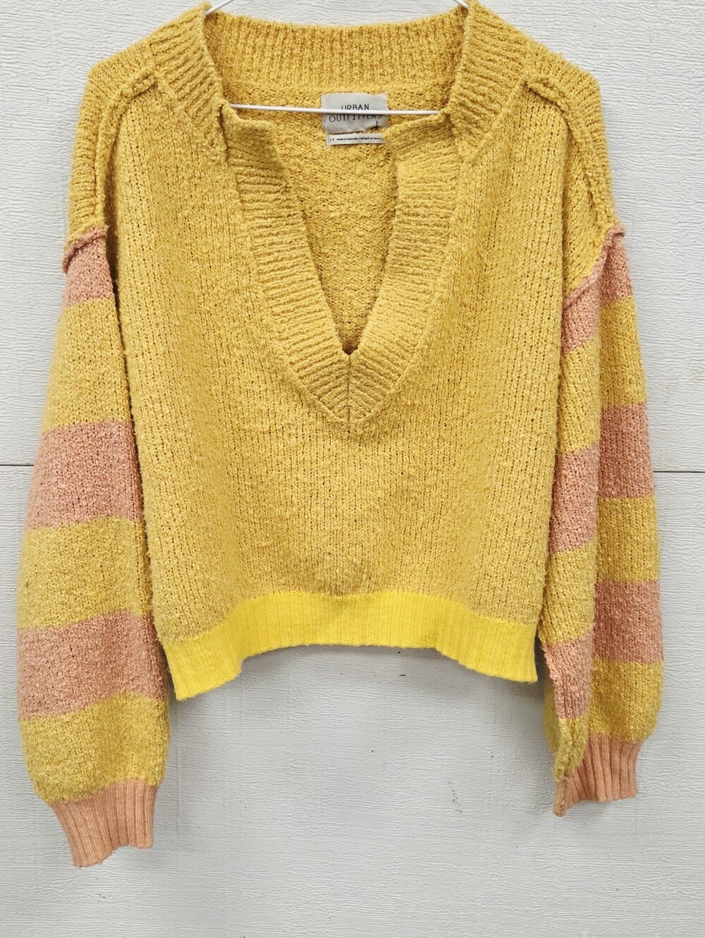 Urban Outfitters small oversized Mustard Yellow V-Neck Striped Sleeve Sweater - Picture 3 of 9